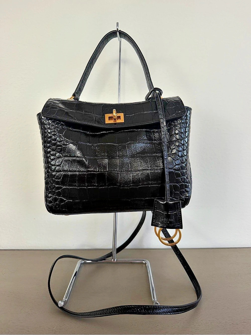 Balenciaga Rodeo Handbag Mini (Crocodile Embossed) Shoulder Bag Black